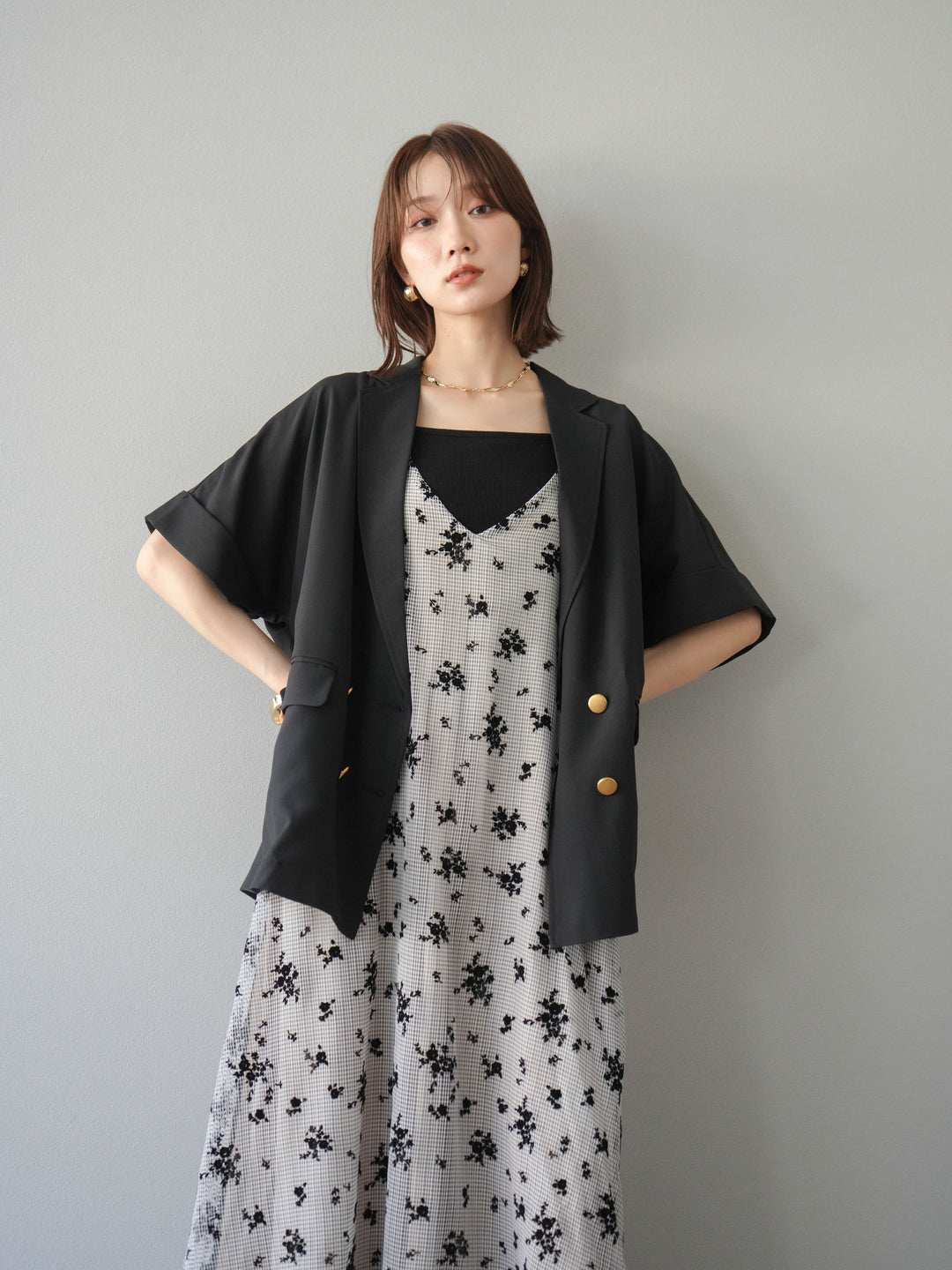 [套裝] 植絨薄紗層疊天鵝絨吊帶連身裙 + 金色紐帶半夾克 (2 套)