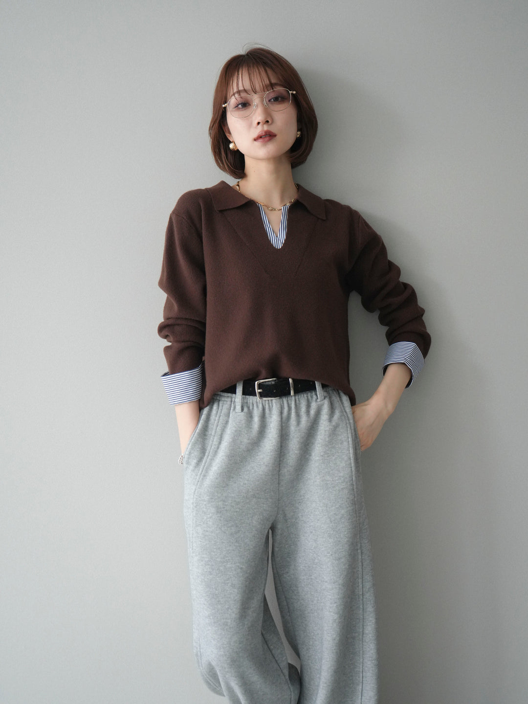 [予約]シャツレイヤードスキッパーニットプルオーバー/brown