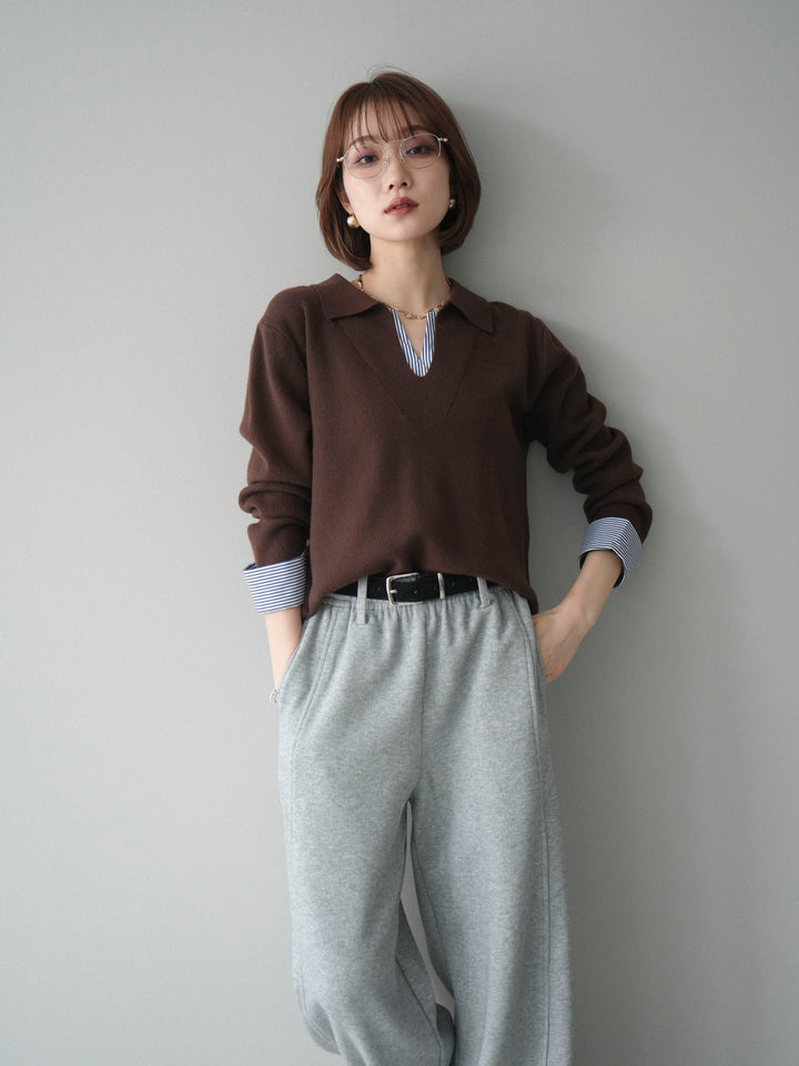 [予約]シャツレイヤードスキッパーニットプルオーバー/brown