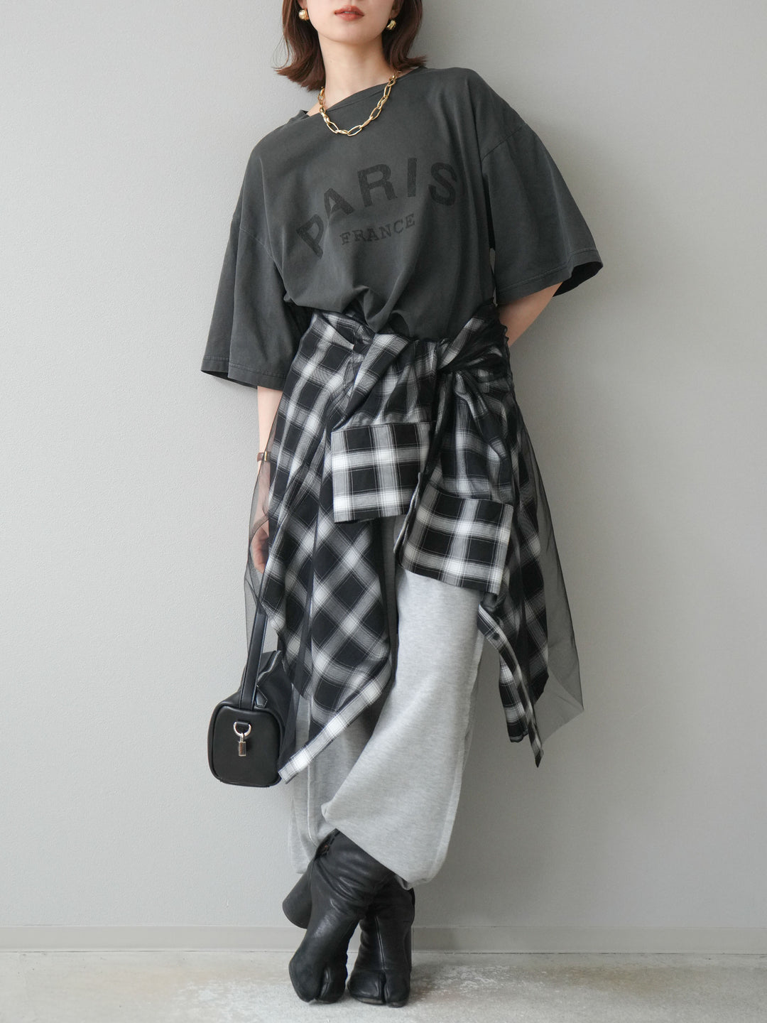 [SET]ピグメントロゴプリントTシャツ+2WAYデザインスウェットパンツ+チュールドッキングチェック柄オーバーサイズシャツ(3set)