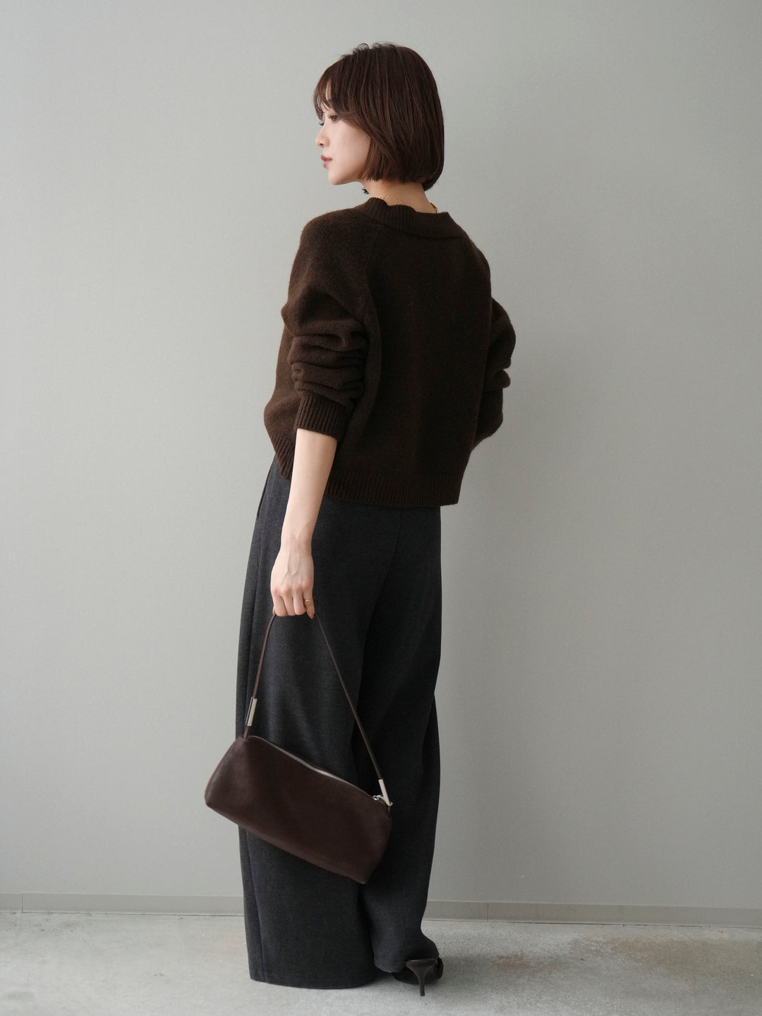 [SET]BIGボタンニットカーディガン+アニマル柄ベルト付きウールタッチワイドパンツ(2set)