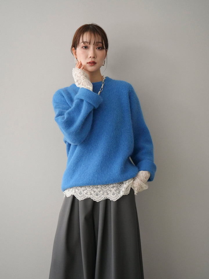 [SET]アンゴラタッチクルーネックニットプルオーバー+テープベルトタックバギーパンツ(2set)