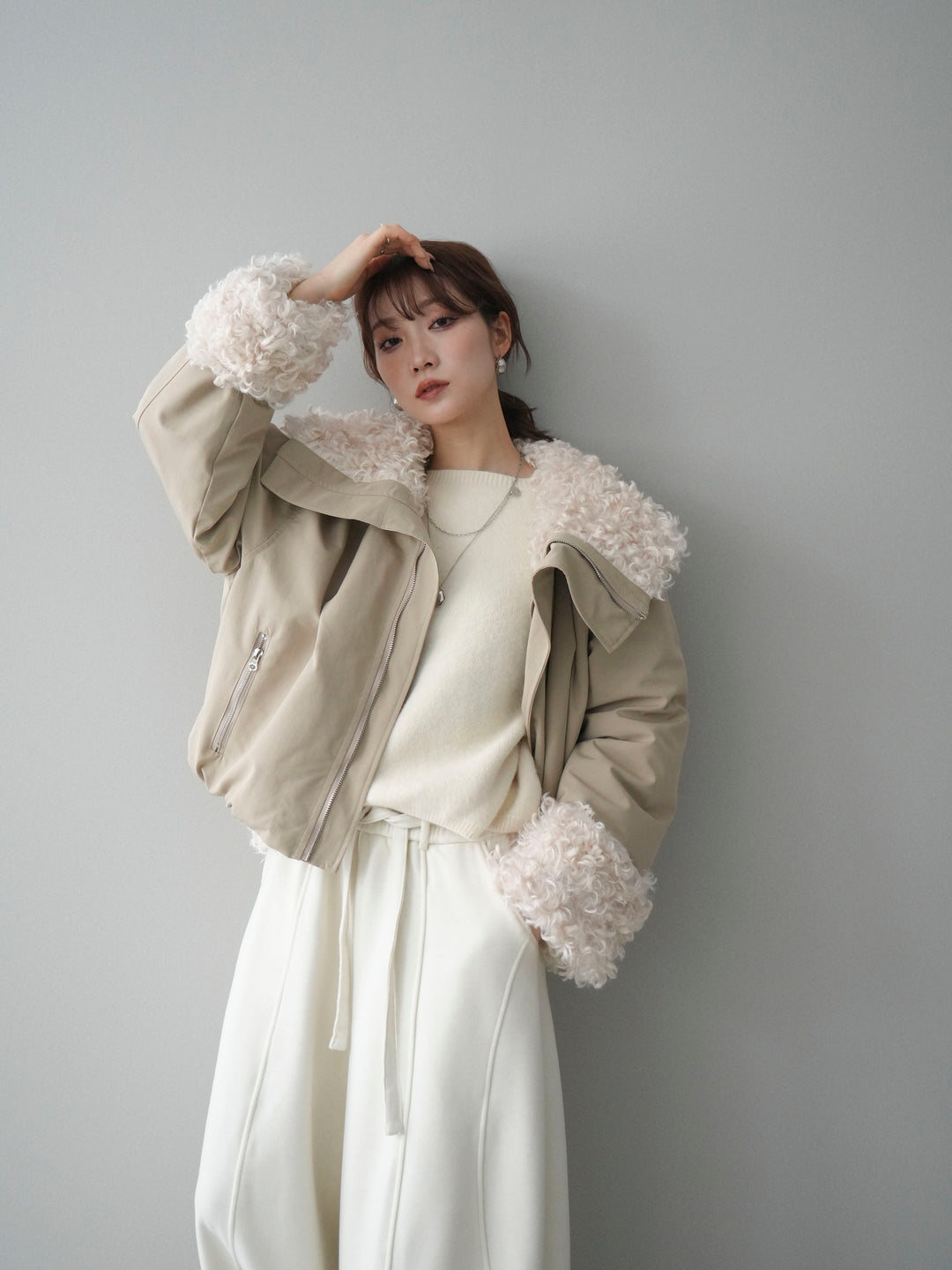 [SET]プードルファーダウンジャケット+アンゴラタッチボートネッククロップドプルオーバー(2set)