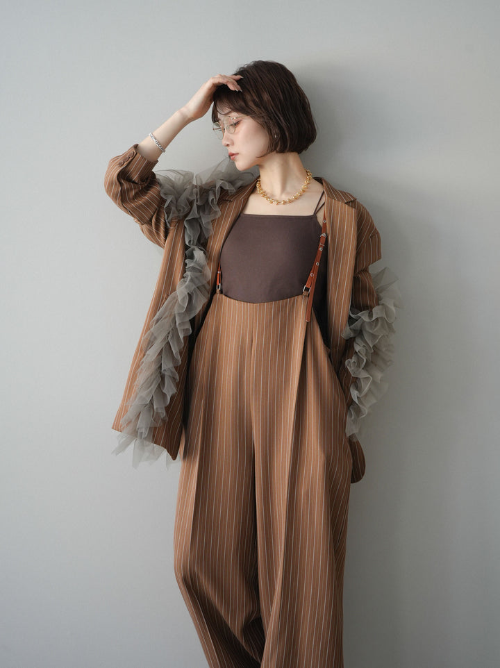 [予約]アシンメトリーチュールストライプジャケット/goldbrown