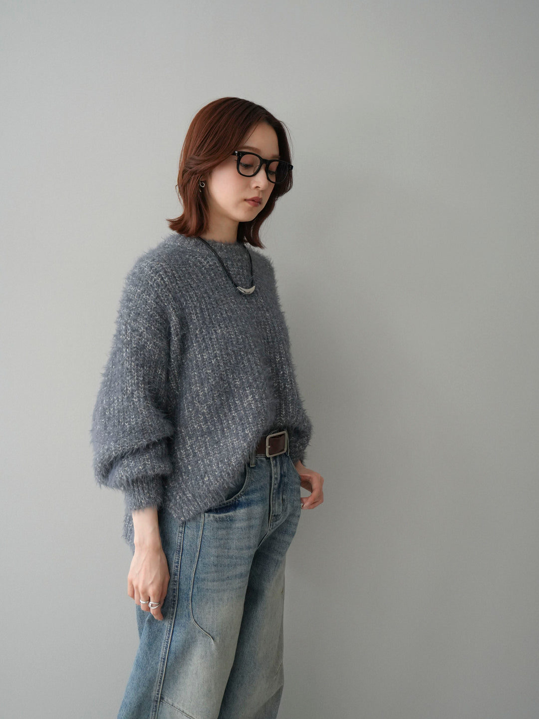 [SET]ボリュームスリーブシャギー MIXニットプルオーバー+ベルト付カーブデニムパンツ(2set)