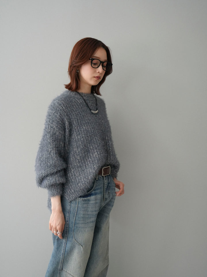 [SET]ボリュームスリーブシャギー MIXニットプルオーバー+ベルト付カーブデニムパンツ(2set)