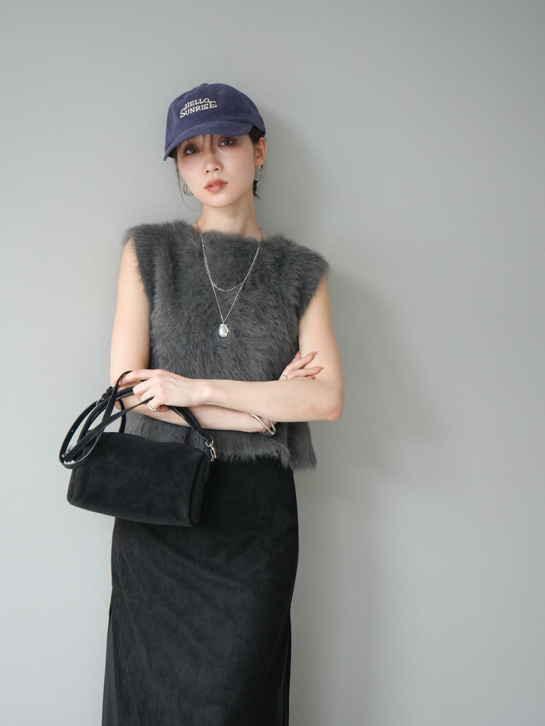 [予約]ミンクライク前後2WAYショートジレ/チャコール