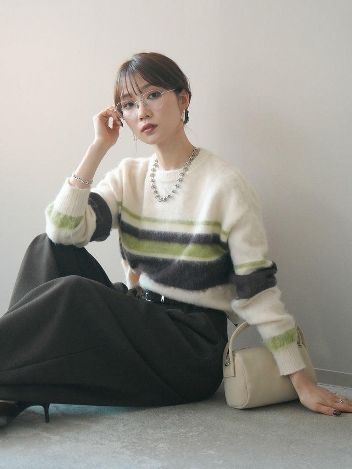 [SET]ソフトタッチボーダークロップドニットプルオーバー+選べるアクセセット(2set)