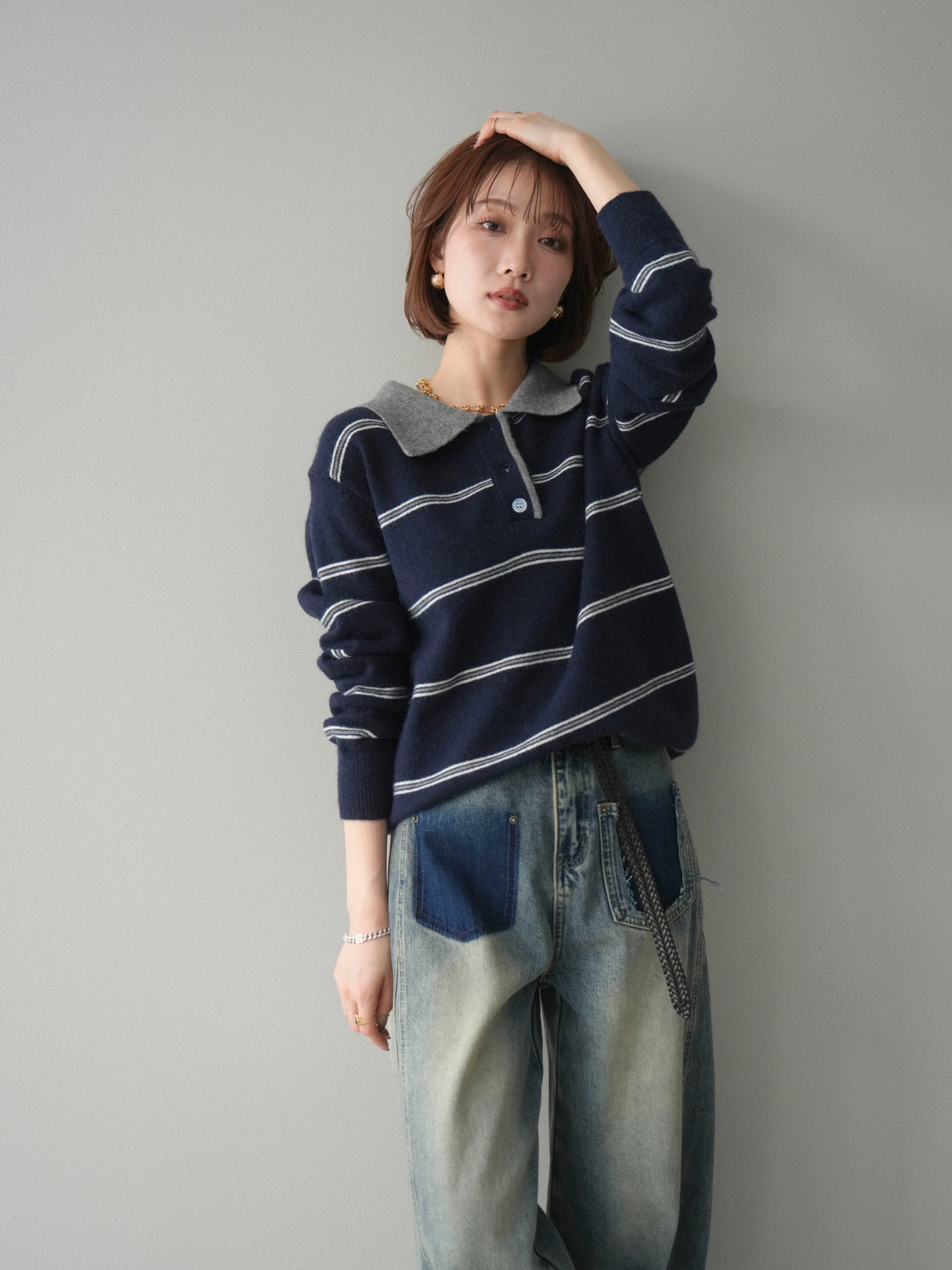 [予約]バイカラーボーダーポロニットプルオーバー/navy
