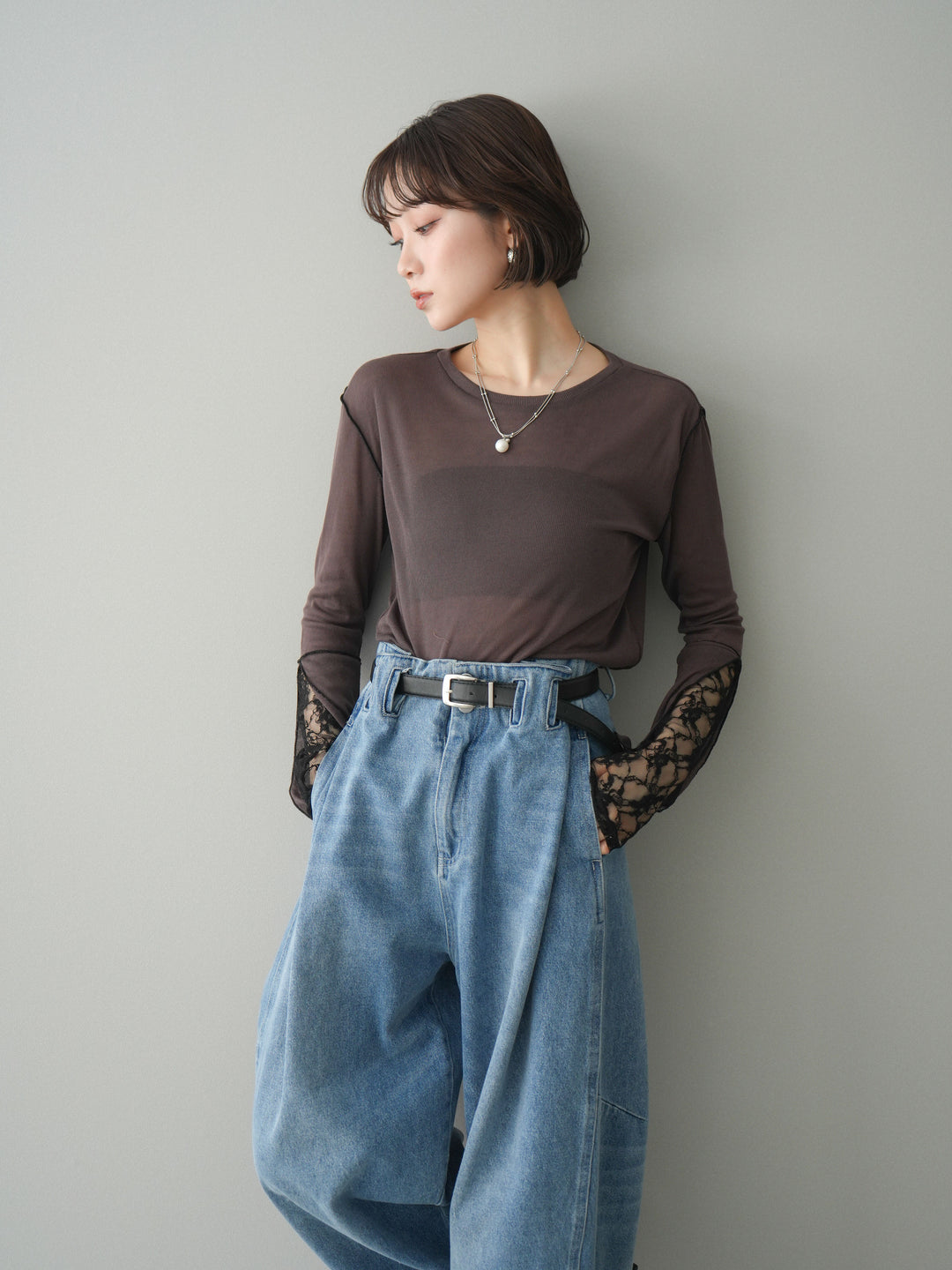 [予約]袖レースレイヤードデザインメロートップス/brown