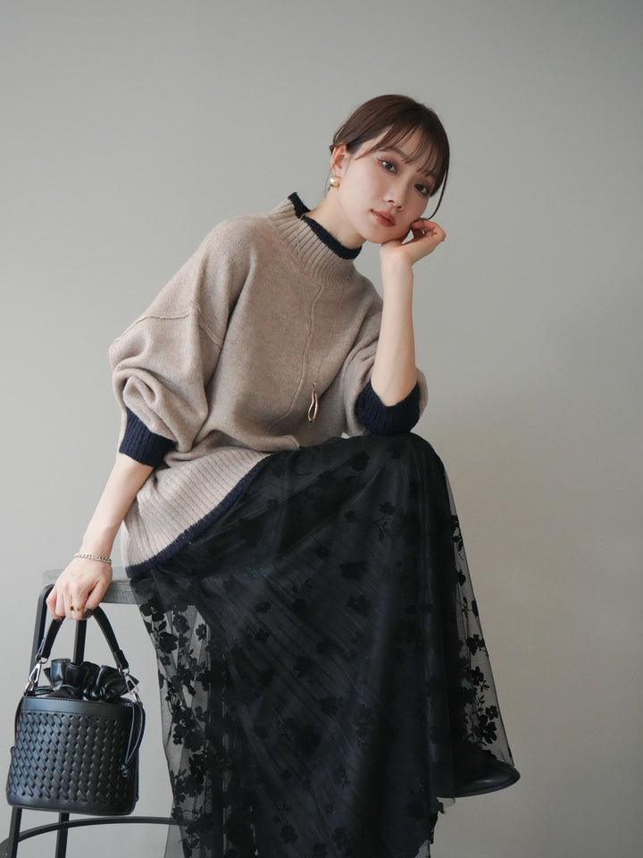 [SET]配色ハイネックニットプルオーバー+フラワーフロッキーチュールプリーツスカート(2set)
