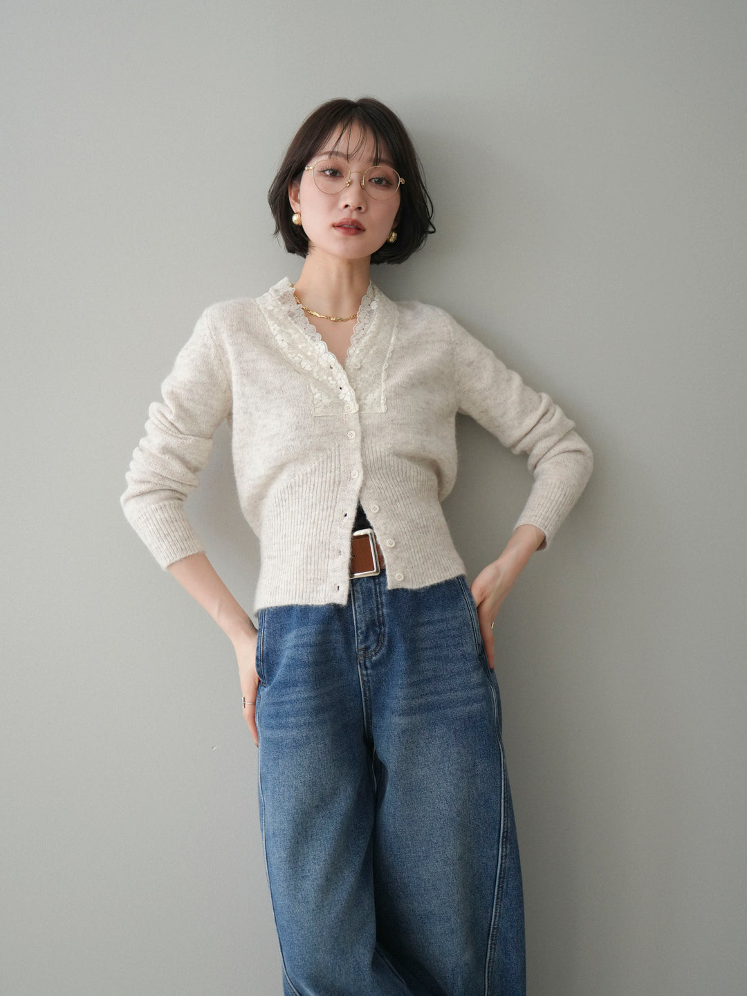 [SET]レースネックコンパクトニットカーディガン+選べるアクセセット(2set)