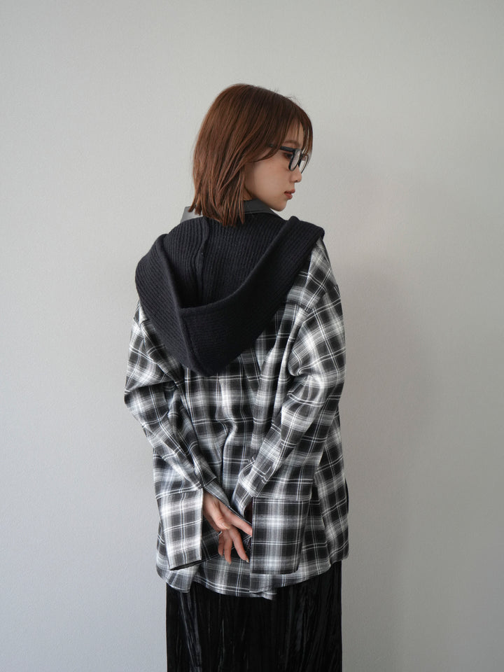 [予約]レザー襟オンブレチェックオーバーシャツ /ブラック