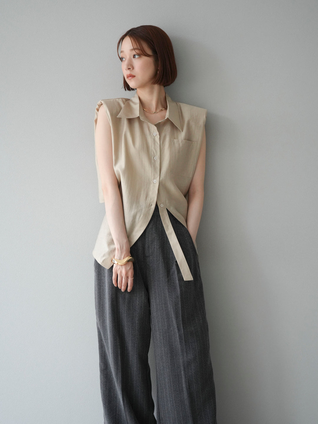 [予約]サイドラインストライプワイドパンツ/チャコール