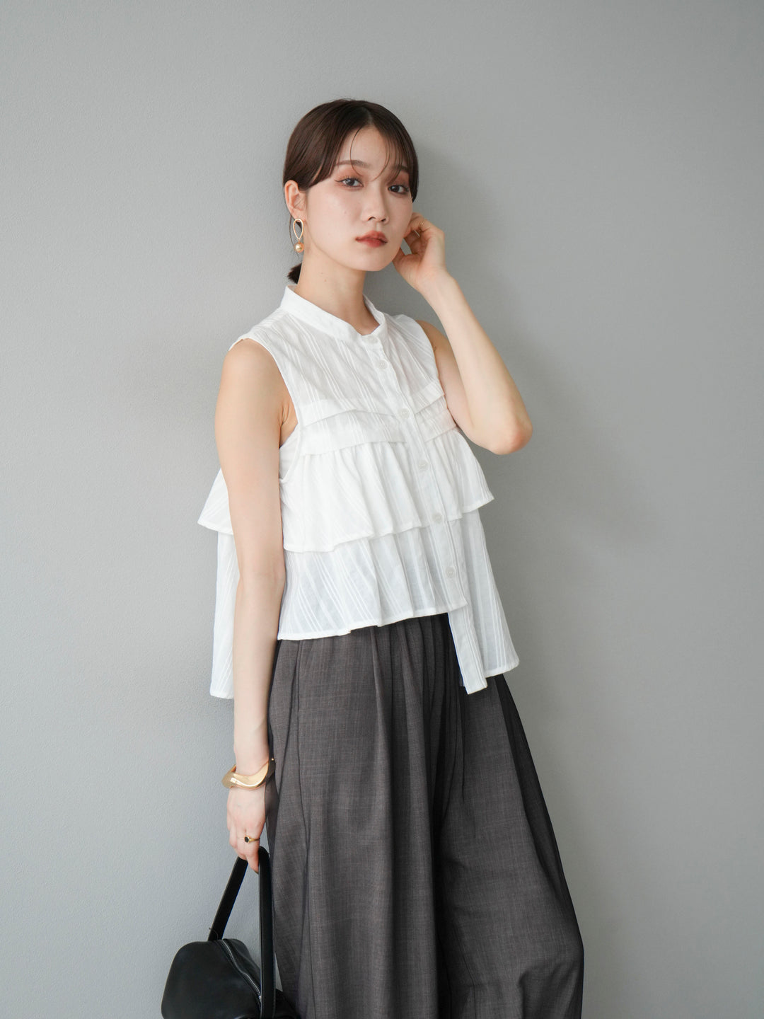 [SET]ドビーストライプアシンメトリーフリルノースリブラウス+リネンライクイージーワイドパンツ(2set)