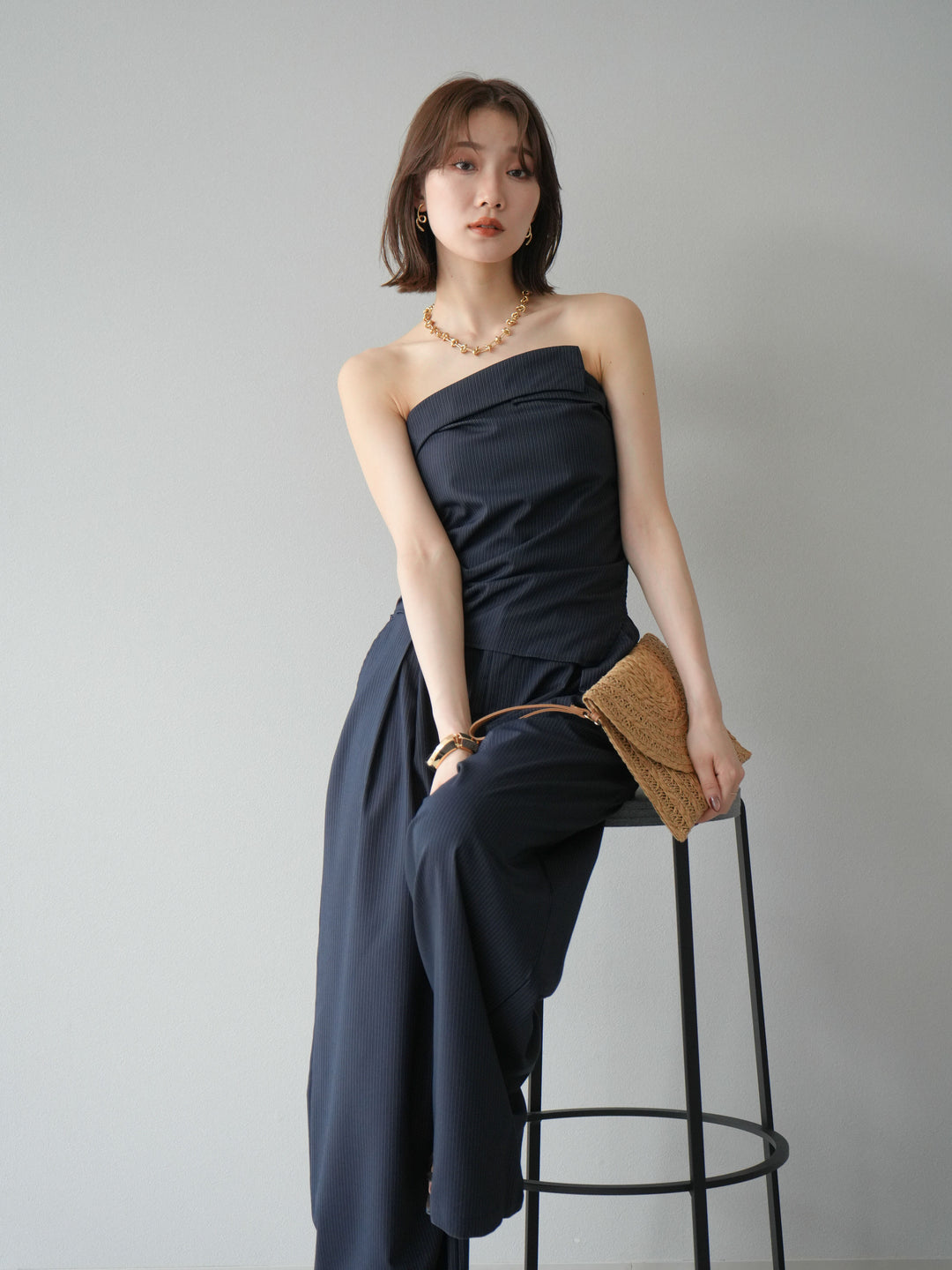 [SET] 條紋褶襉露肩上衣＆寬褲 SET UP (2set)