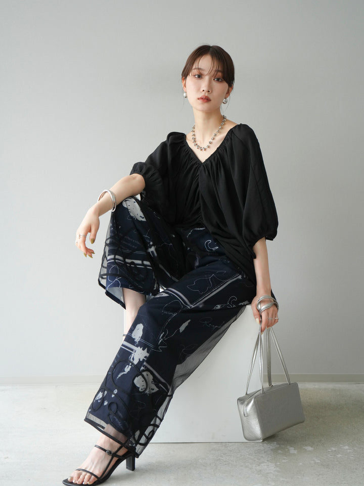 [SET]コード刺繍チュールレイヤードパンツ+ペイント柄タックパンツ(2set)