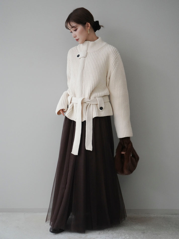 [予約]畦編みボトルネックZIPニットカーディガン/white