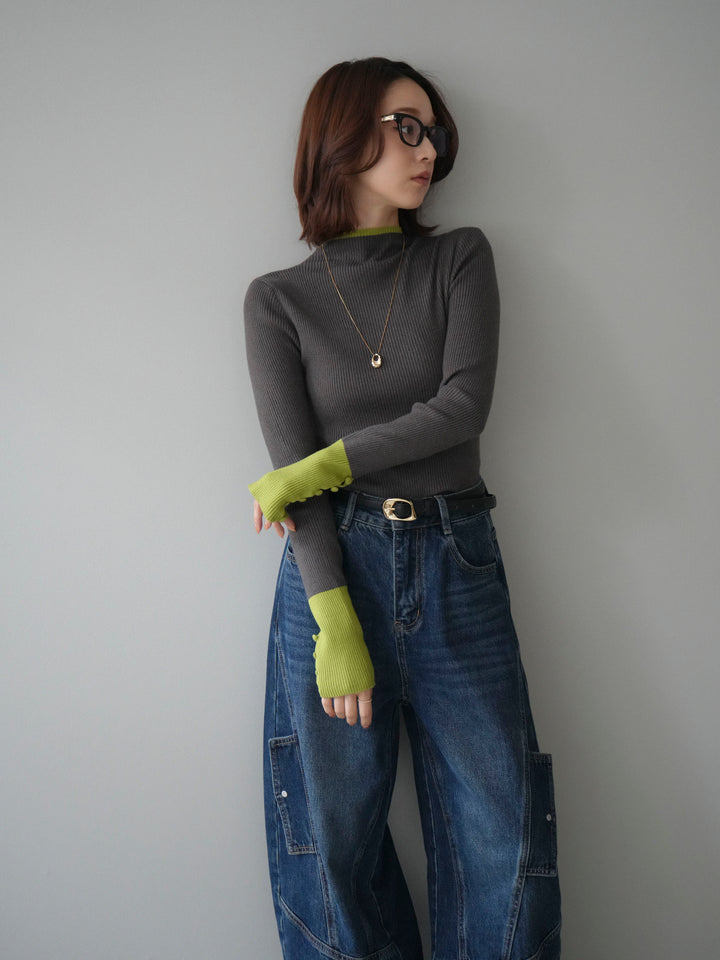 [SET]袖ボタンハイネック配色リブニットトップス+袖ボタンハイネック配色リブニットトップス(2set)