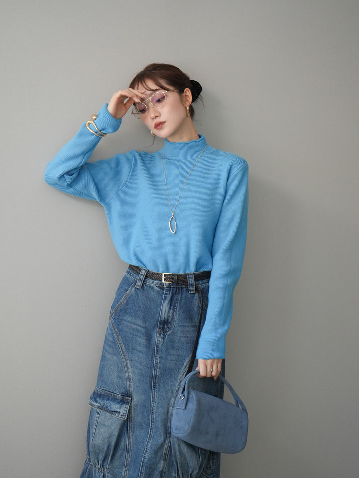 [予約]ボトルネック裾カールリブニットトップス/blue