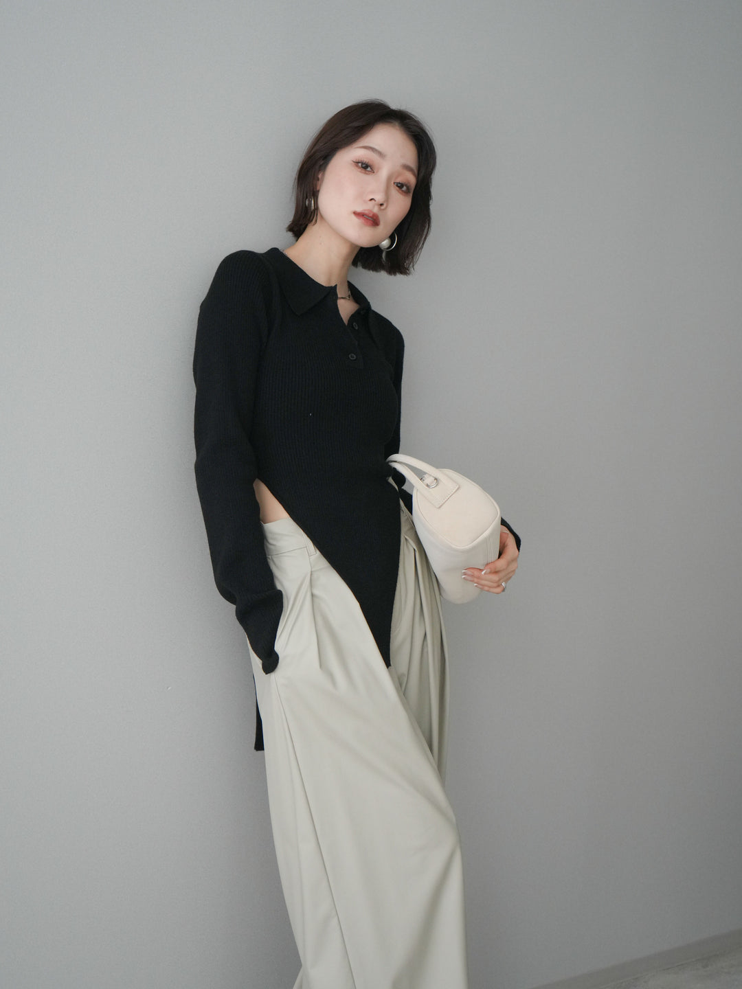 [予約]リブポロニットボディスーツ/black