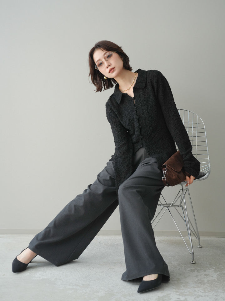 [予約]透かし編みブークレポロニットトップス/black