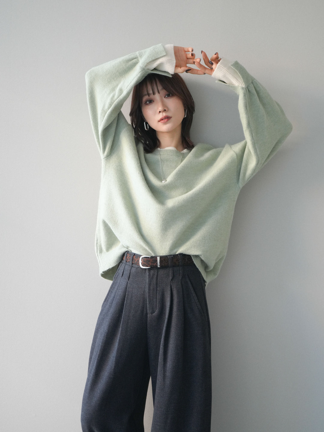 [予約]ヘンリーネック配色レイヤードニットプルオーバー/mint