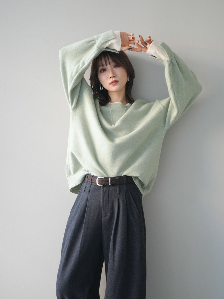 [予約]ヘンリーネック配色レイヤードニットプルオーバー/mint