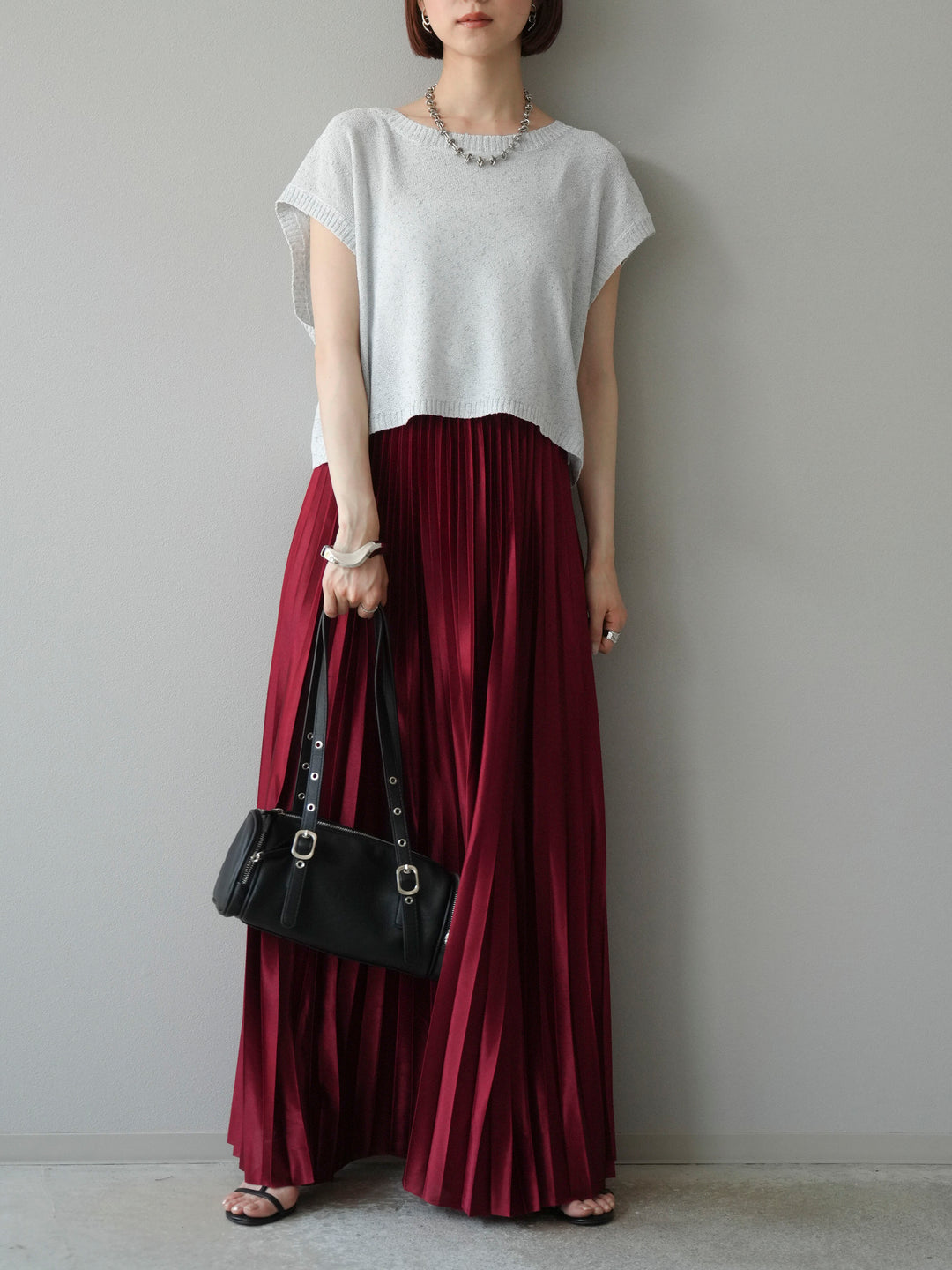 [SET]ネップヤーンクロップドニットベスト+サテンプリーツマキシスカート(2set)