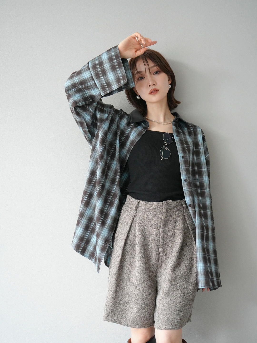 [SET]レザー襟オンブレチェックオーバーシャツ +ツイードハーフパンツ(2set)