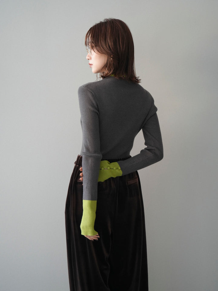 [SET]袖ボタンハイネック配色リブニットトップス+ベロアベルトスリムパンツ(2set)