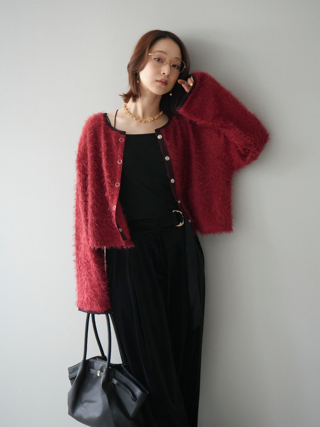 [予約]バイカラー2WAYシャギーニットカーディガン/red