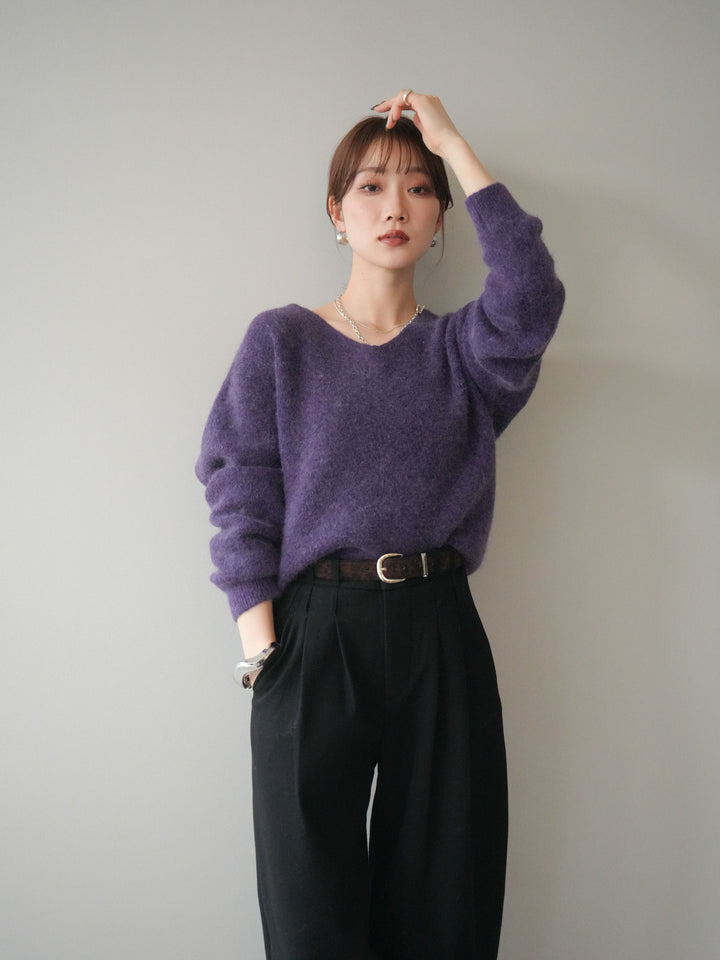 [予約]シュシュ付きアンゴラタッチVネックニットプルオーバー/purple