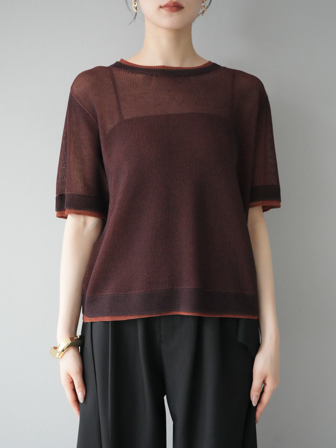 [SET]リネンタッチ配色二重臼ハーフニットトップス+ウエスト巻きデザインワイドパンツ(2set)