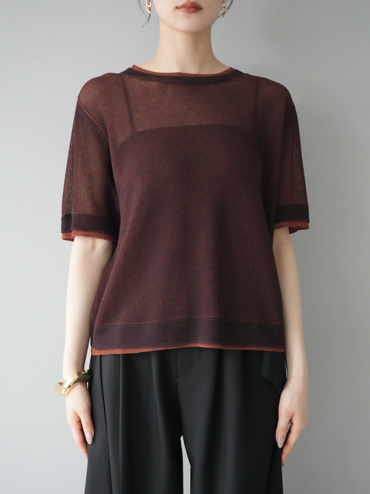 [SET]リネンタッチ配色二重臼ハーフニットトップス+ウエスト巻きデザインワイドパンツ(2set)