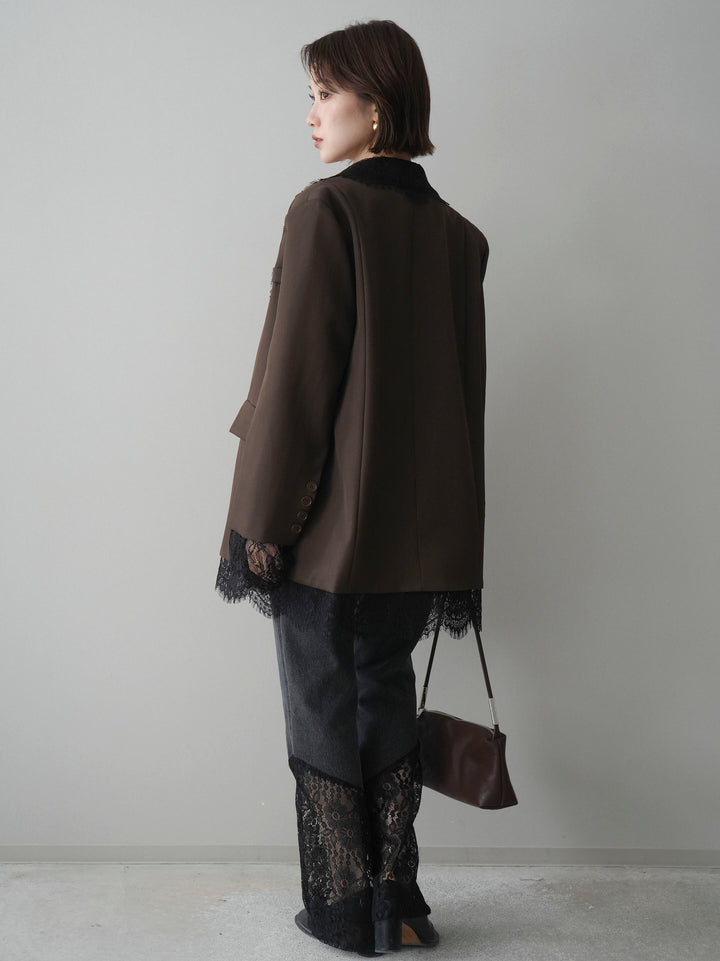 [予約]レース切替フレアデニムパンツ/black