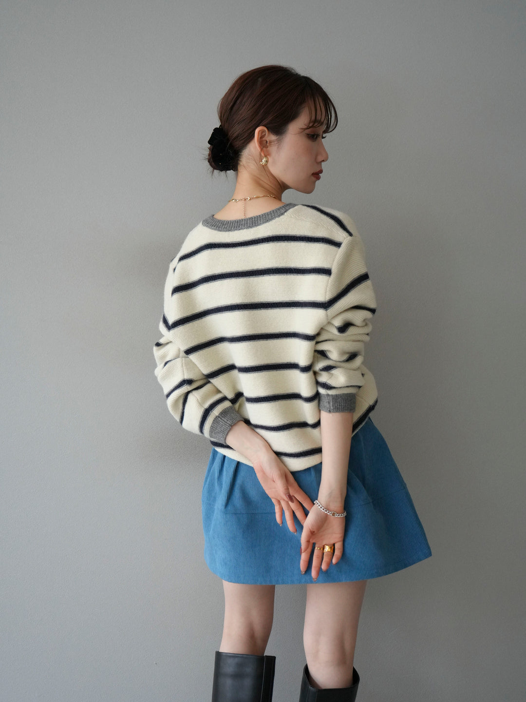 [予約]配色ボーダーニットカーディガン/apricot