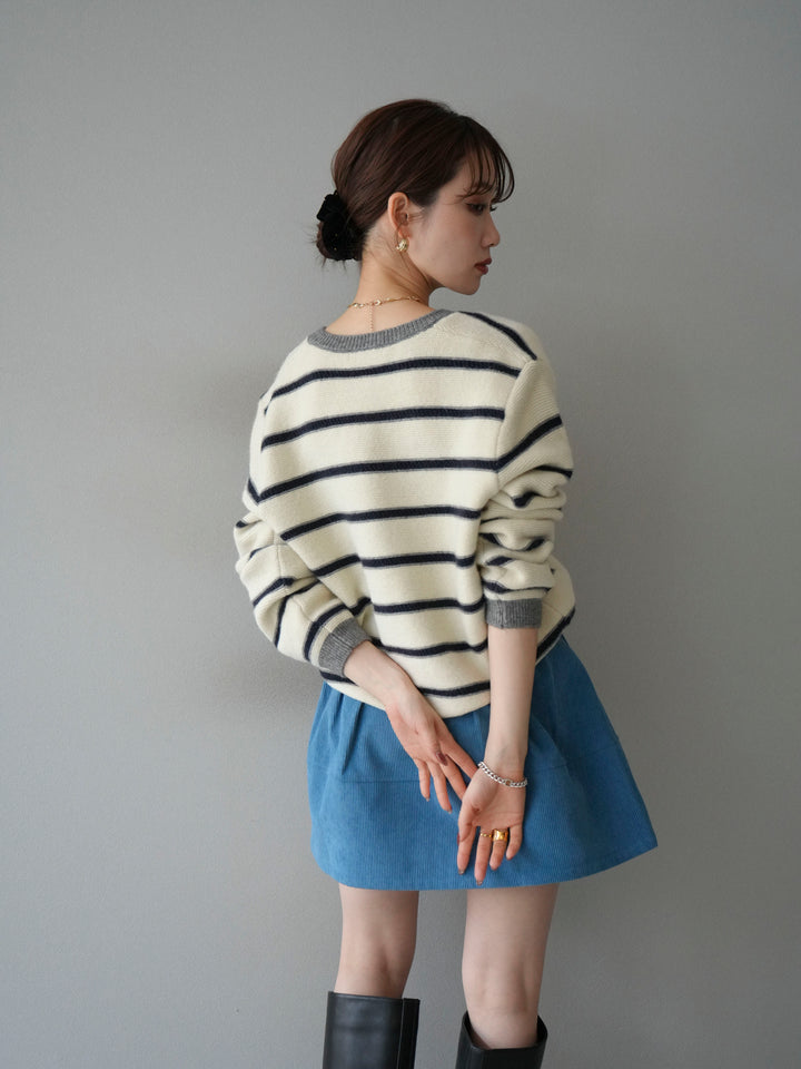 [予約]配色ボーダーニットカーディガン/apricot