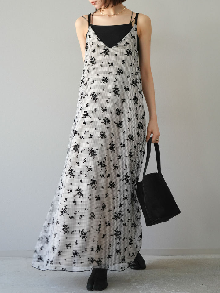 [SET]フロッキーチュールレイヤードベロアキャミワンピース+カップ付きバッククロスキャミソール(2set)