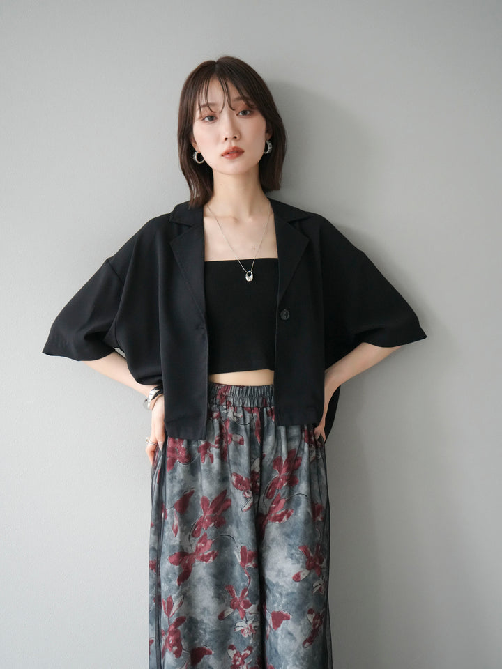 [SET]ハーフショートジャケット+フラワープリントチュールレイヤードパンツ(2set)