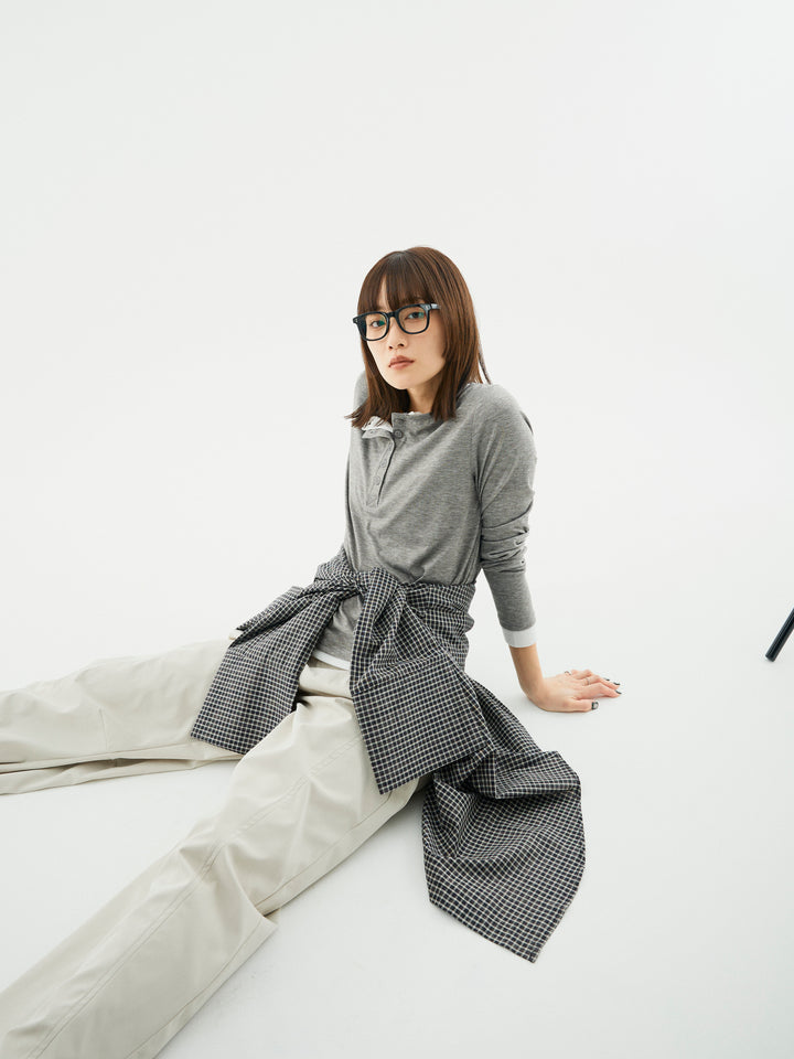 【Allure】[SET]配色レイヤードヘンリーネックトップス+タフタワイドカーブパンツ(2set)