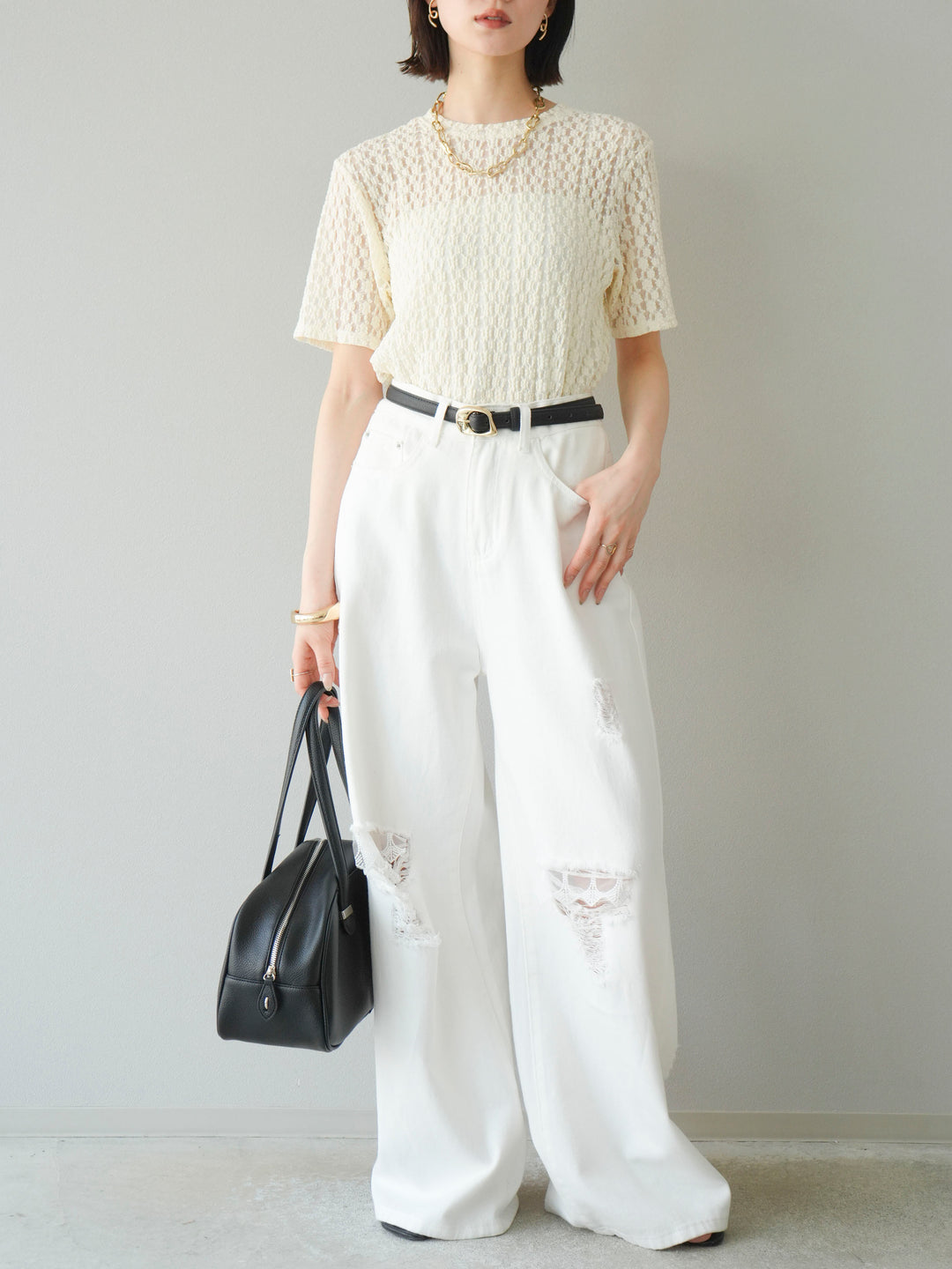【預購】剪裁蕾絲T卹/象牙白