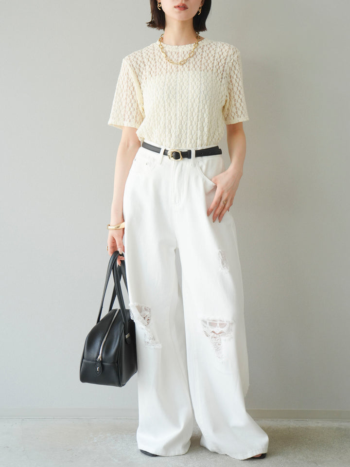 【預購】剪裁蕾絲T卹/象牙白
