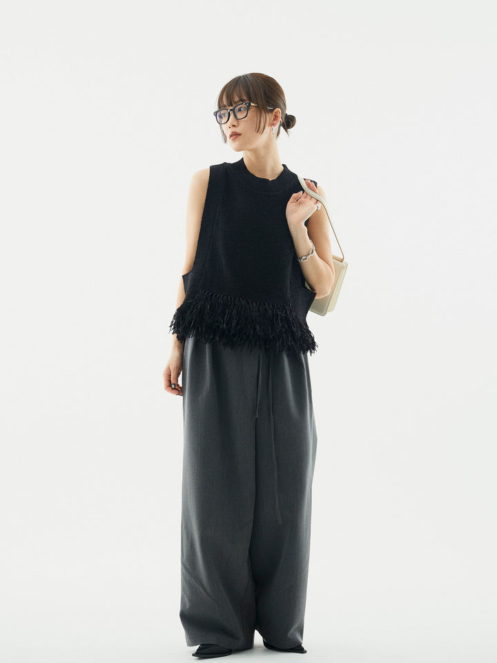 【Allure】[SET]フェザーヤーンニットベスト+ラップデザインタックワイドパンツ(2set)