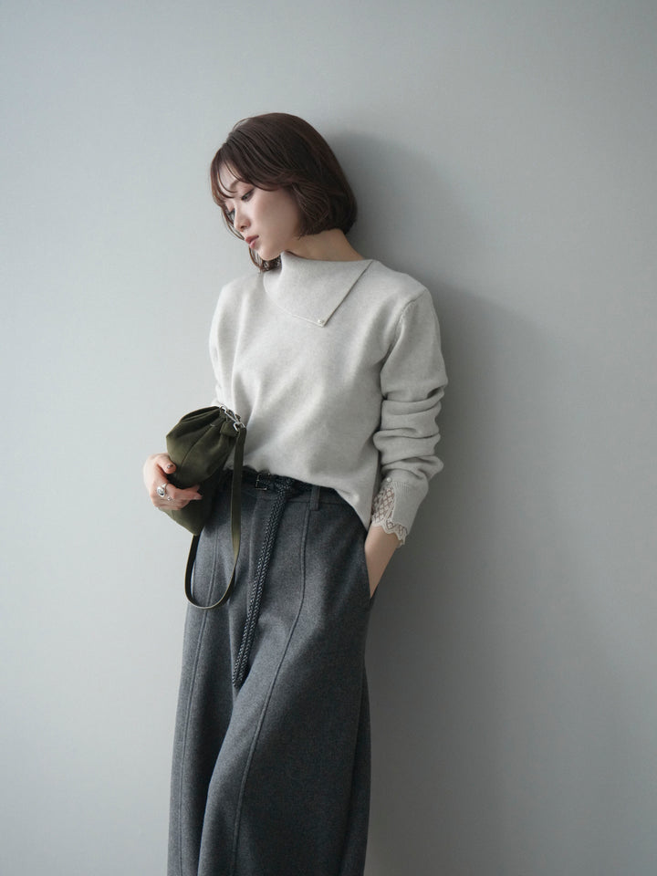 [SET]袖レースパール付き配色ニットトップス+ウールタッチカーブパンツ(2set)