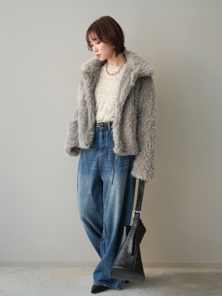 [SET]フェイクファー襟付きショートブルゾン+チュールレーストップス(2set)