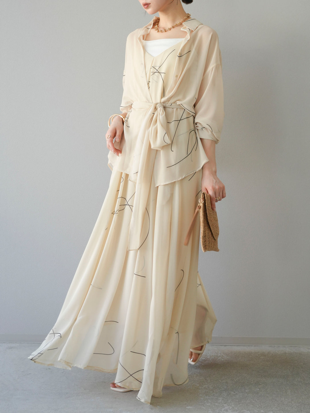 [SET]ペンタッチシフォンキャミワンピース+ペンタッチシフォンシャツ(2set)