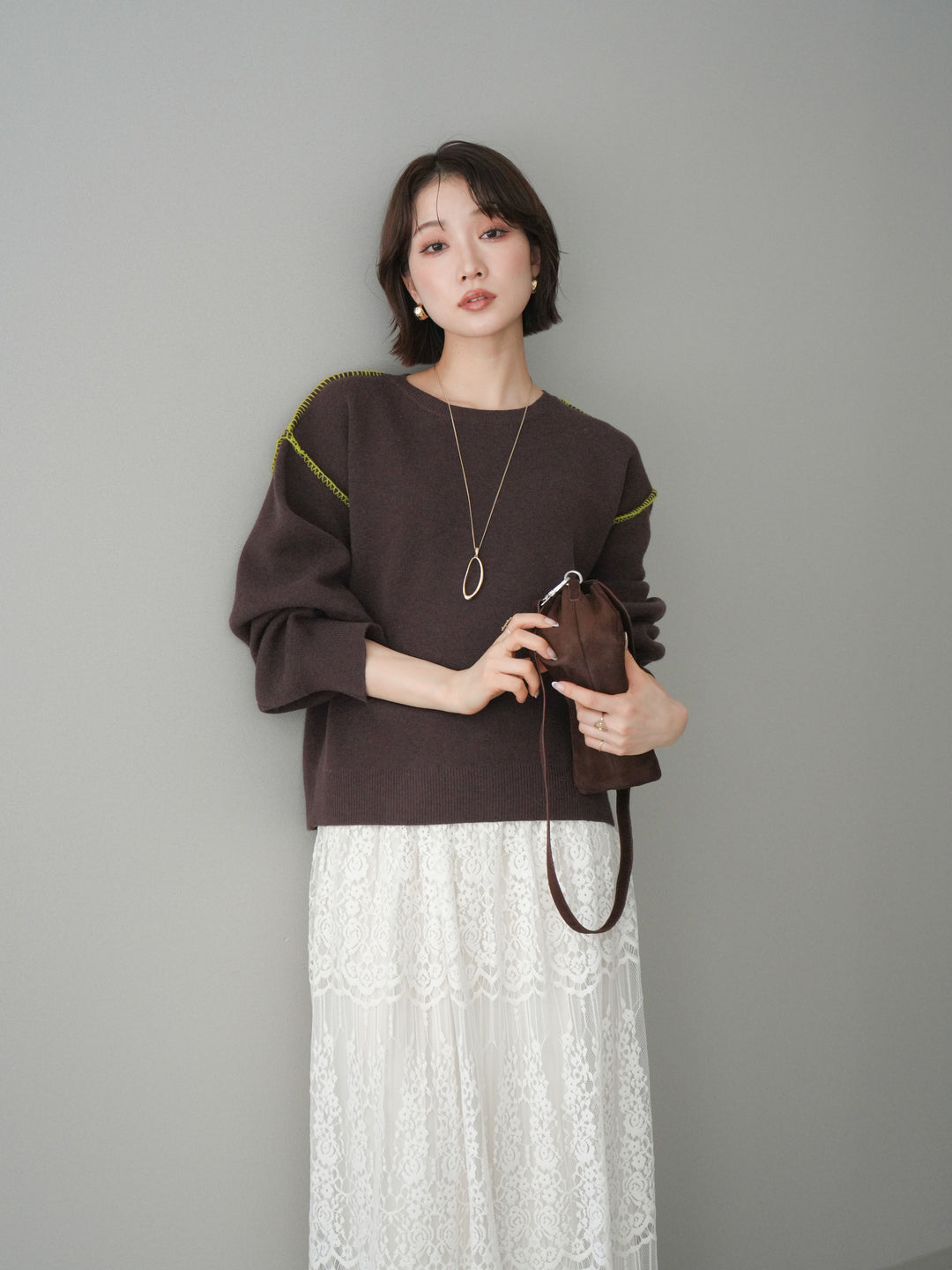 [SET]バックロゴ刺繍配色ステッチニットプルオーバー+選べるアクセセット(2set)