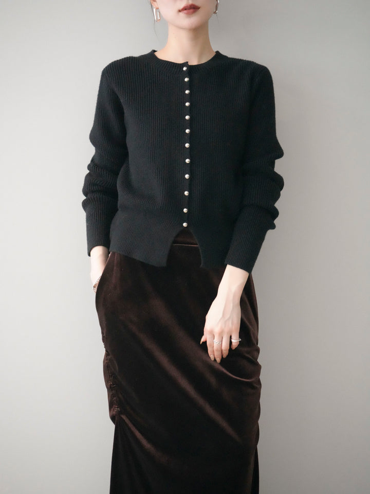 [予約]シルバーボタン畦編みニットカーディガン/black