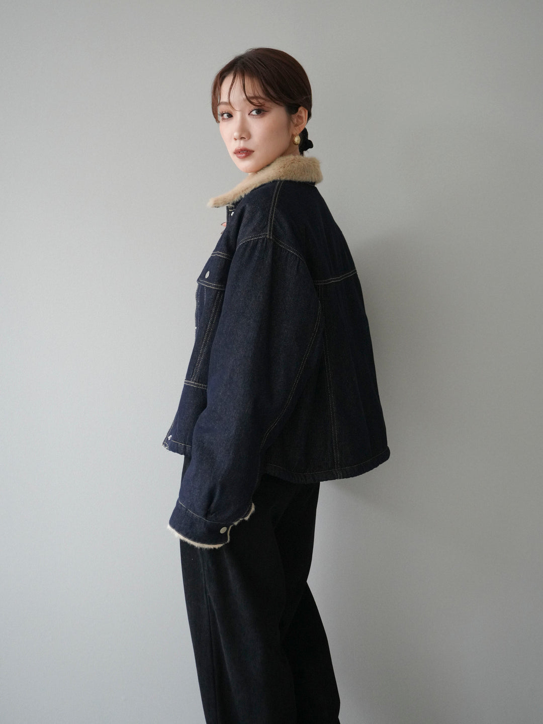[予約]デニム×ファーステンカラーショートジャケット/indigo